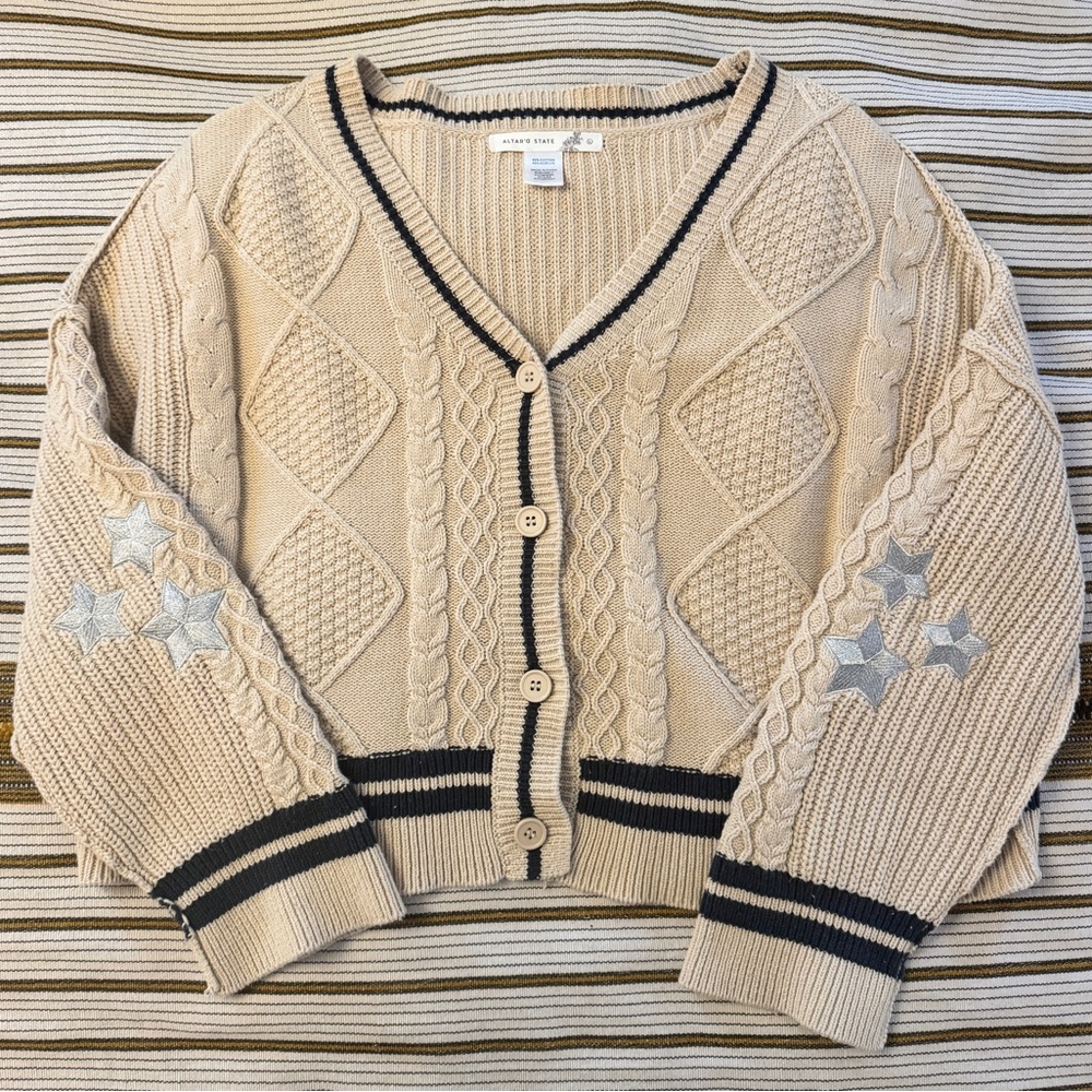Altar'd State Folklore Inspired Cardigan Cream Star Elbow Patches Size Large - Picture 4 of 5